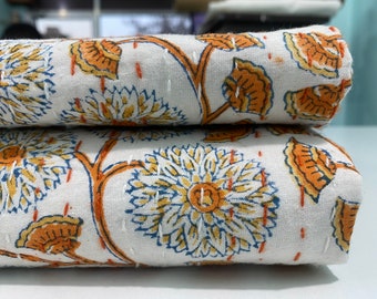 Mustard Floral Block Print Kantha Quilt Handmade Cotton Bedspread | Botanical Indian Bedding Boho Cottage Quilt