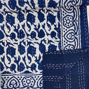 Indigo Blue Handmade Kantha Quilt, Hand Block Print Cotton Bedspread, Indian Boho Bedding Throw, Handmade Reversible Quilt Blanket Coverlet