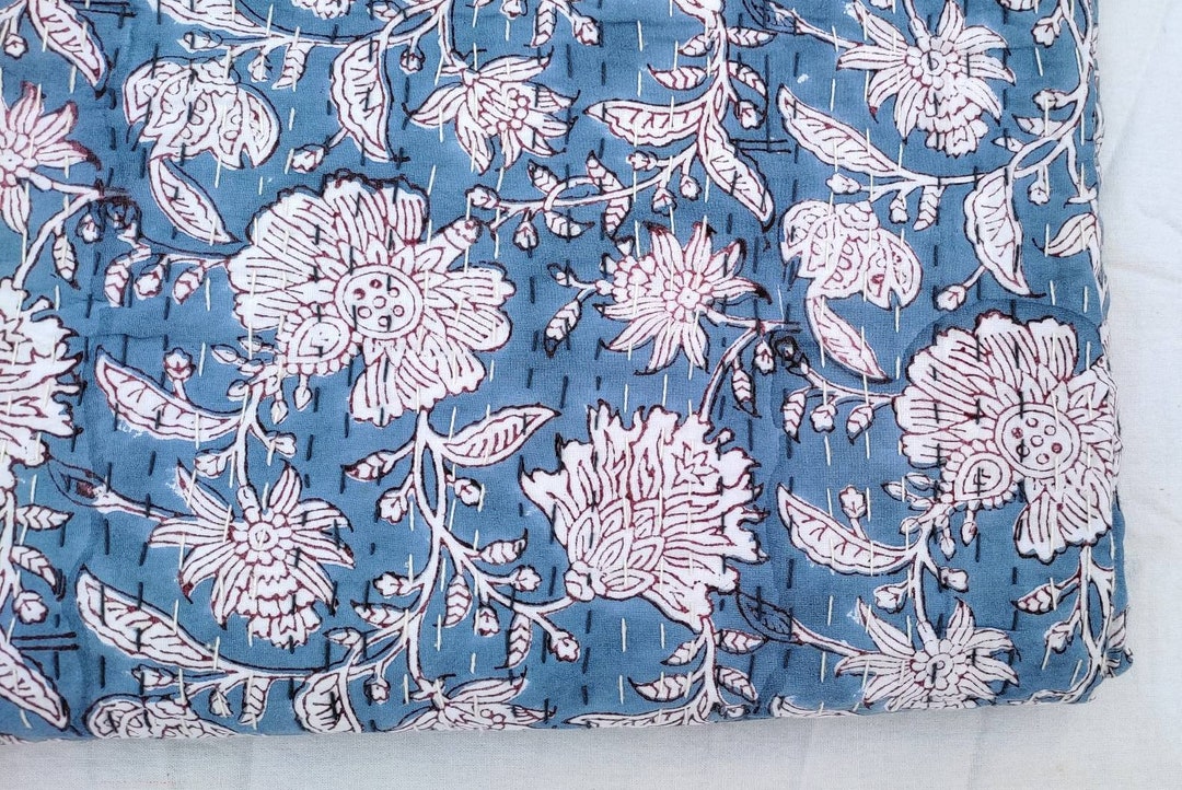 Kantha Quilt Blue Indian Handmade Floral Print Kantha Quilt - Etsy