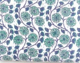 Indian Quilt Teal Floral Kantha Bedspread: Handmade Block Print Indian Pure Cotton Throw