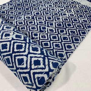Indigo Blue Kantha Quilt – Hand-Stitched Diamond Print Throw Blanket – Queen Size Cotton Bedspread – Boho Geometric Bedding Coverlet