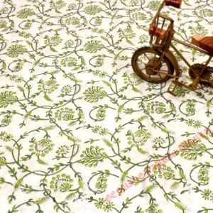 Hand Block Print Cotton Fabric - Green Floral Vine Pattern, Jaipur Indian Fabric by Yard, Sewing, Quilting, Craft Supplies, Boho Home Decor