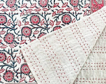 Kantha Quilt Throw Blanket Pink Floral Block Print Handmade Cotton Bedspread Indian Throw Blanket Border Design Reversible Jaipur