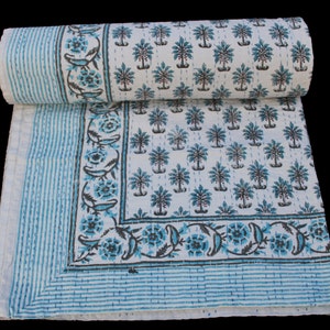 Blue Palm Tree Indian Handmade Block Print Kantha Quilt, Handmade Cotton Bedspread, Block Print Coastal Boho Blanket Sky Blue Kantha Quilt