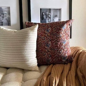 Vintage Kantha Pillow Cover: Hand-Stitched Floral Block Print Cushion