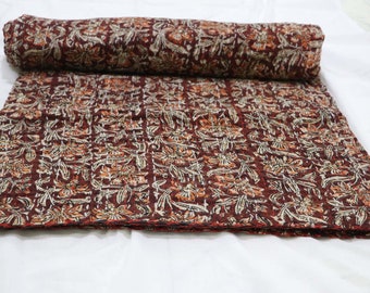 Floral Indian Kantha Quilt Handmade Cotton Bedspread | Orange Beige Block Print Blanket | Rustic Boho Bedding Throw | Queen King Size Quilt