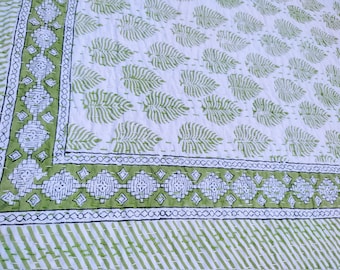 Green Botanical Kantha Quilt Handmade Block Print Cotton Boho Bedspread