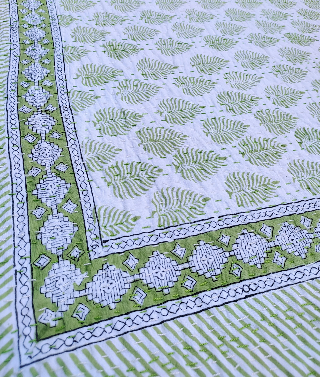 Green Kantha Quilt Light Green Leaf Queen Size Kantha Cotton Quilt Full