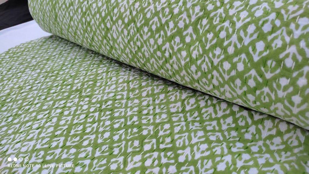 Green Queen Quilt Light Green Leaf Queen Size Kantha Cotton Quilt Full