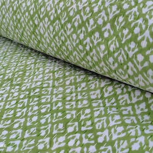 Green Block Print Kantha Quilt: Lightweight Indian Cotton Bedspread