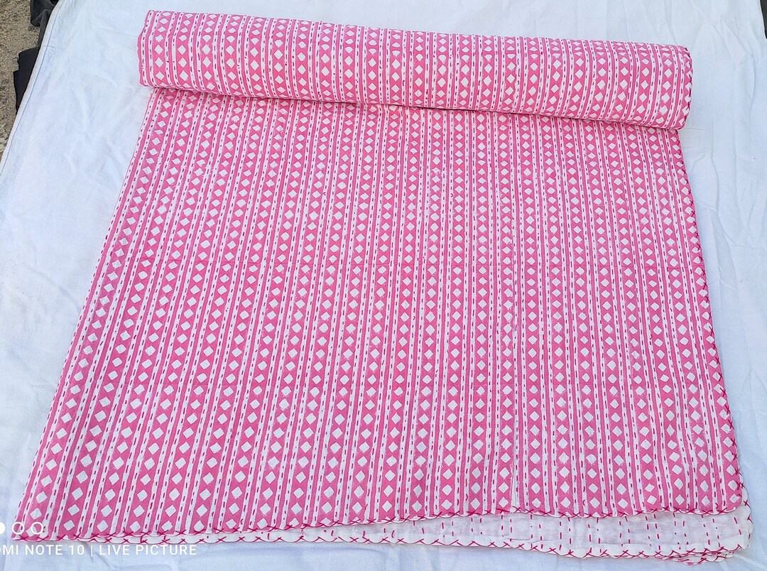 Pink Quilt Queen Full Size Pink Block Print Quilt Bedding Etsy