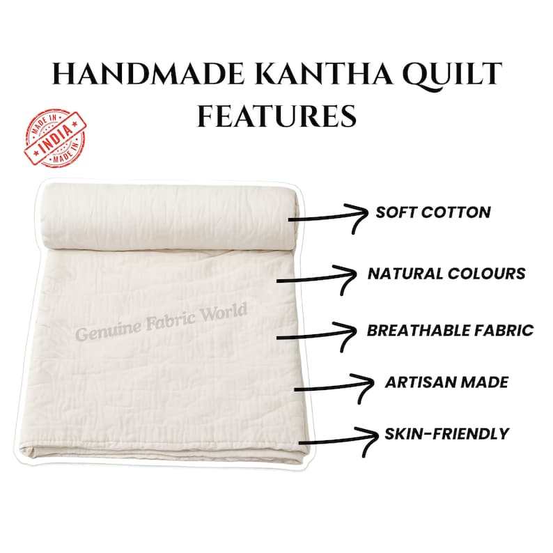 Blue Floral Vine Design | Handmade Kantha Quilt Cotton Bedspread Lightweight Boho Bedding image 8