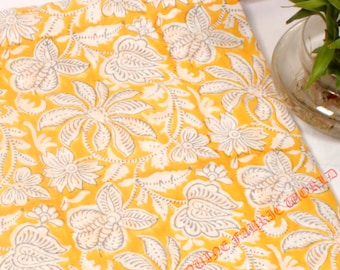 Yellow Floral Block Print Fabric, Handmade Indian Cotton Fabric by Yard, Boho Upholstery Textile, Botanical Sewing Fabric