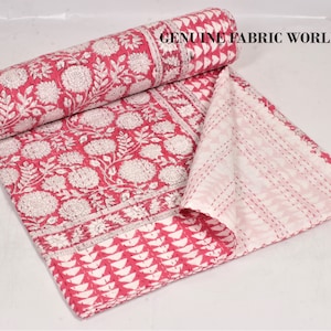 Pink Floral Indian Hand Block Print Kantha Quilt, Indian Cotton Handmade Throw Blanket, Traditional Bedding Twin Queen, Boho Farmhouse Decor
