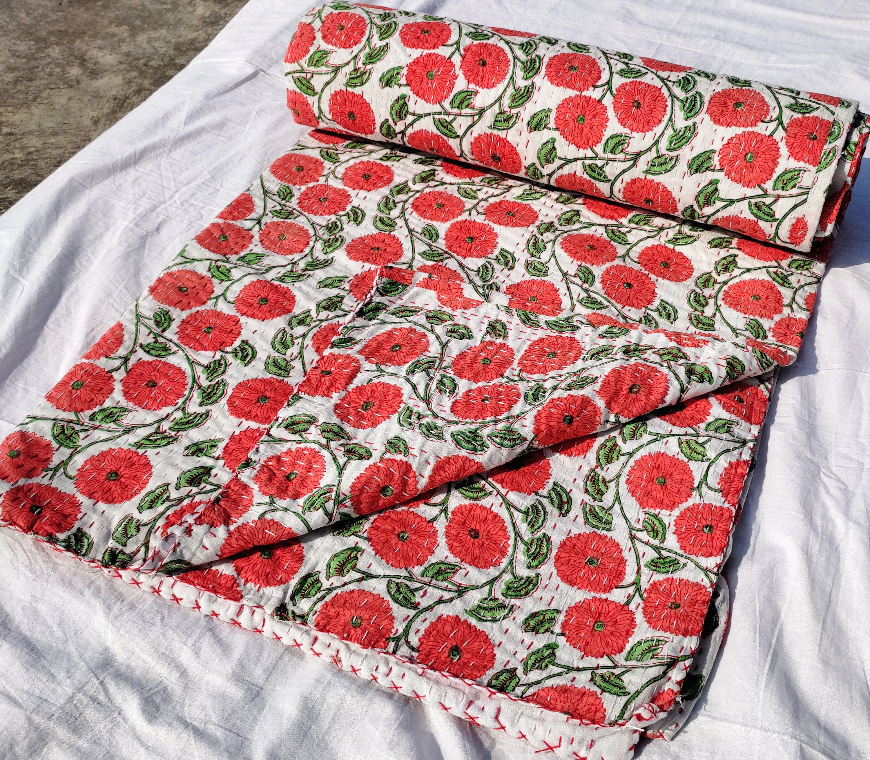 Rust Orange Floral Kantha Quilt | Handmade Cotton Block Print Bedspread ...