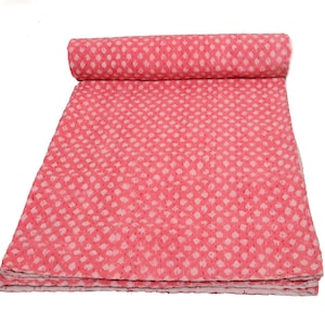 Pink Buti Print Kantha Quilt – Handmade Cotton Bedspread, Reversible Indian Throw Blanket, Boho Bedding for Girls Room or Gifting