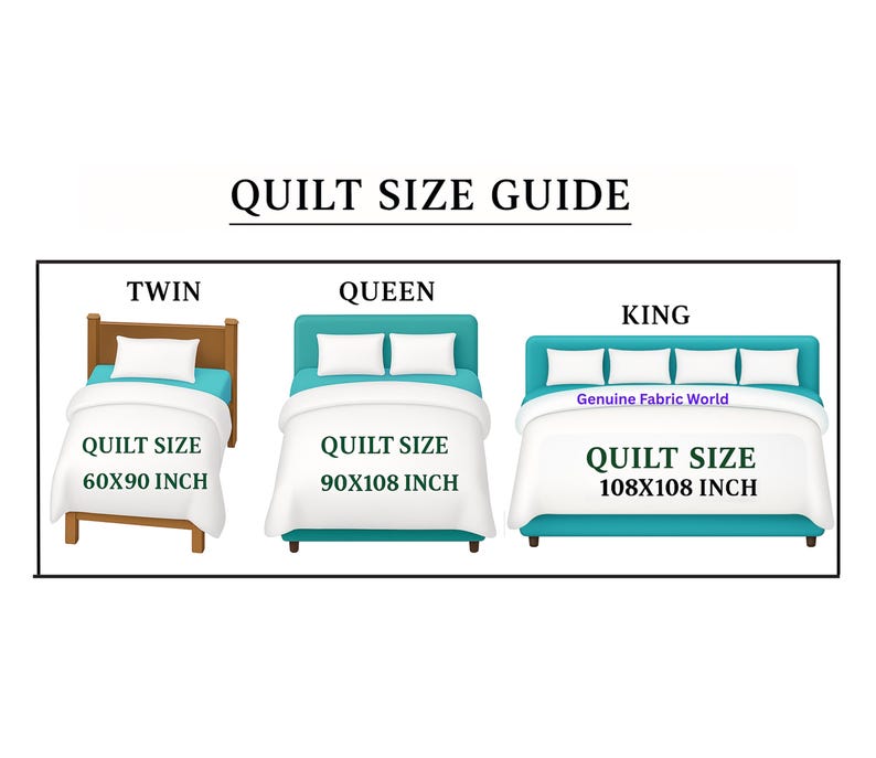 Pode incluir: Um guia de tamanhos de edredons, mostrando tr&ecirc;s camas com edredons de diferentes tamanhos: solteiro, casal e king-size. O edredom de solteiro mede 60x90 polegadas, o edredom de casal mede 90x108 polegadas e o edredom king-size mede 108x108 polegadas.