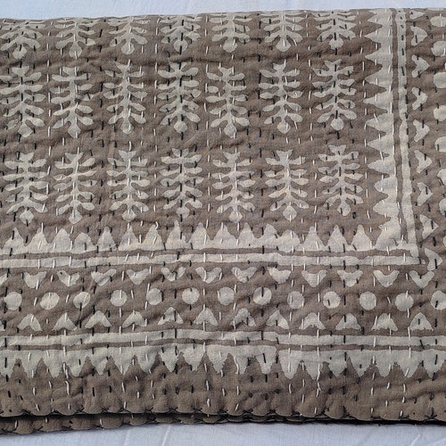 Kantha Quilt Grey Indian Kantha Quilt Handmade Quilts Indian Etsy