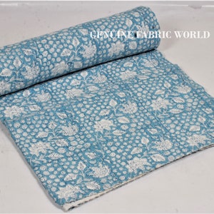 Blue Floral Kantha Quilt: Block Print Cotton Bedspread, Bohemian Bedding