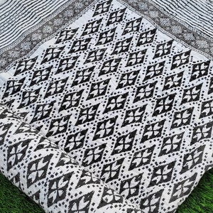 Hand Stitched Kantha Quilt: Black and White Floral Geometric Cotton