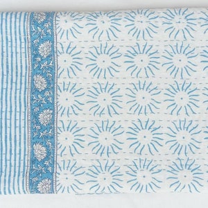 Blue Sun Print Kantha Quilt Blue Kantha Quilt Handmade Bedspread – Indian Floral Block Print Blanket, Boho Cotton Quilt Throw, Bedding Quilt