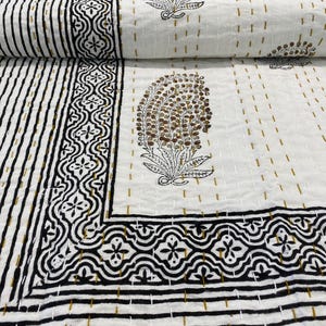 Hand Block Print Brown Kantha Quilt | White Cotton Throw Blanket | Modern Floral Kantha Bedspread | Indian Handmade Quilt Handmade Kantha