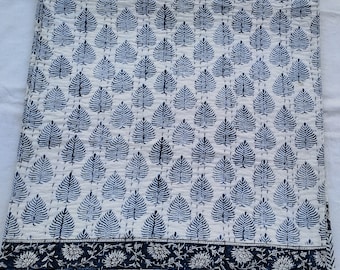 Handmade Blue Leaf Block Print Kantha Quilt, Cotton Bedspread from Jaipur, Artisan Bedding for Boho Home Décor & Bedroom Styling