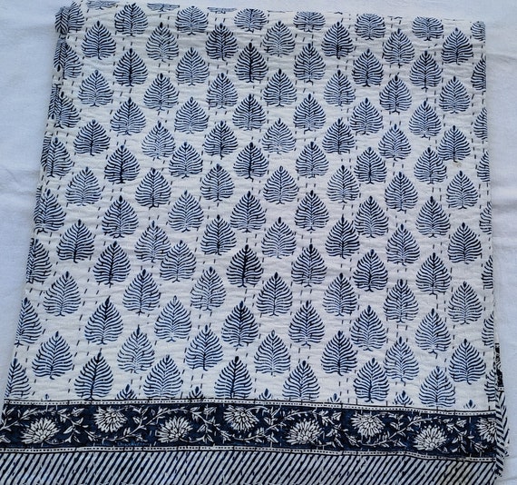Handmade Blue Leaf Block Print Kantha Quilt, Cotton Bedspread from Jaipur, Artisan Bedding for Boho Home Décor & Bedroom Styling