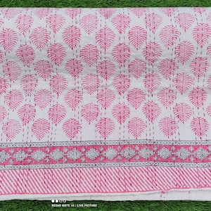 Pink Leaf Block Print Kantha Quilt Handmade Cotton Bedspread Soft Lightweight Boho Throw