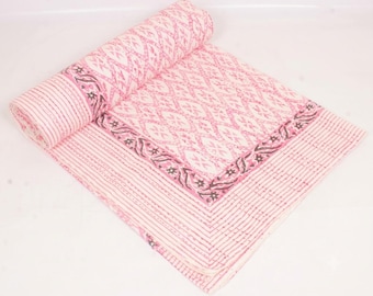 Pink Hand Block Indian Print Kantha Quilt, Soft Cotton Indian Bedspread, Lightweight Throw Blanket for Bedroom Sofa Decor