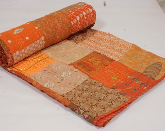 Orange Patchwork Kantha Bedspread  | Handmade Cotton Quilt Boho Vintage Bedding Blanket