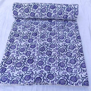 Purple Handmade Block Print Kantha Quilt | Indian Cotton Floral Throw Blanket | Hand Block Print Bedspread | Boho Bedding Lightweight Quilt