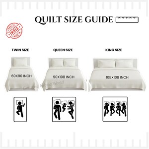 Puede incluir: Una gu&iacute;a de tama&ntilde;os de edred&oacute;n con tres medidas de cama: Twin 60x90 pulgadas, Queen 90x108 pulgadas y King 108x108 pulgadas. Cada secci&oacute;n muestra una cama con almohadas, dimensiones y un icono de figuras que indica la capacidad de ocupaci&oacute;n.