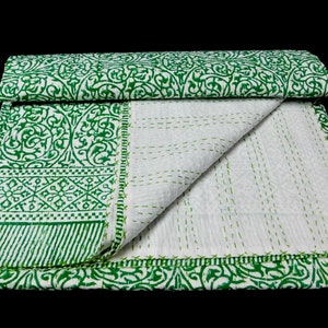 Green Mughal Block Print Kantha Quilt: Handmade Indian Cotton Throw Blanket