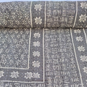 Grey Indian Kantha Quilt, Handmade Block Print Blanket, Cotton Reversible Bedspread, Neutral Boho Throw, Rustic Farmhouse Bedding Coverlet
