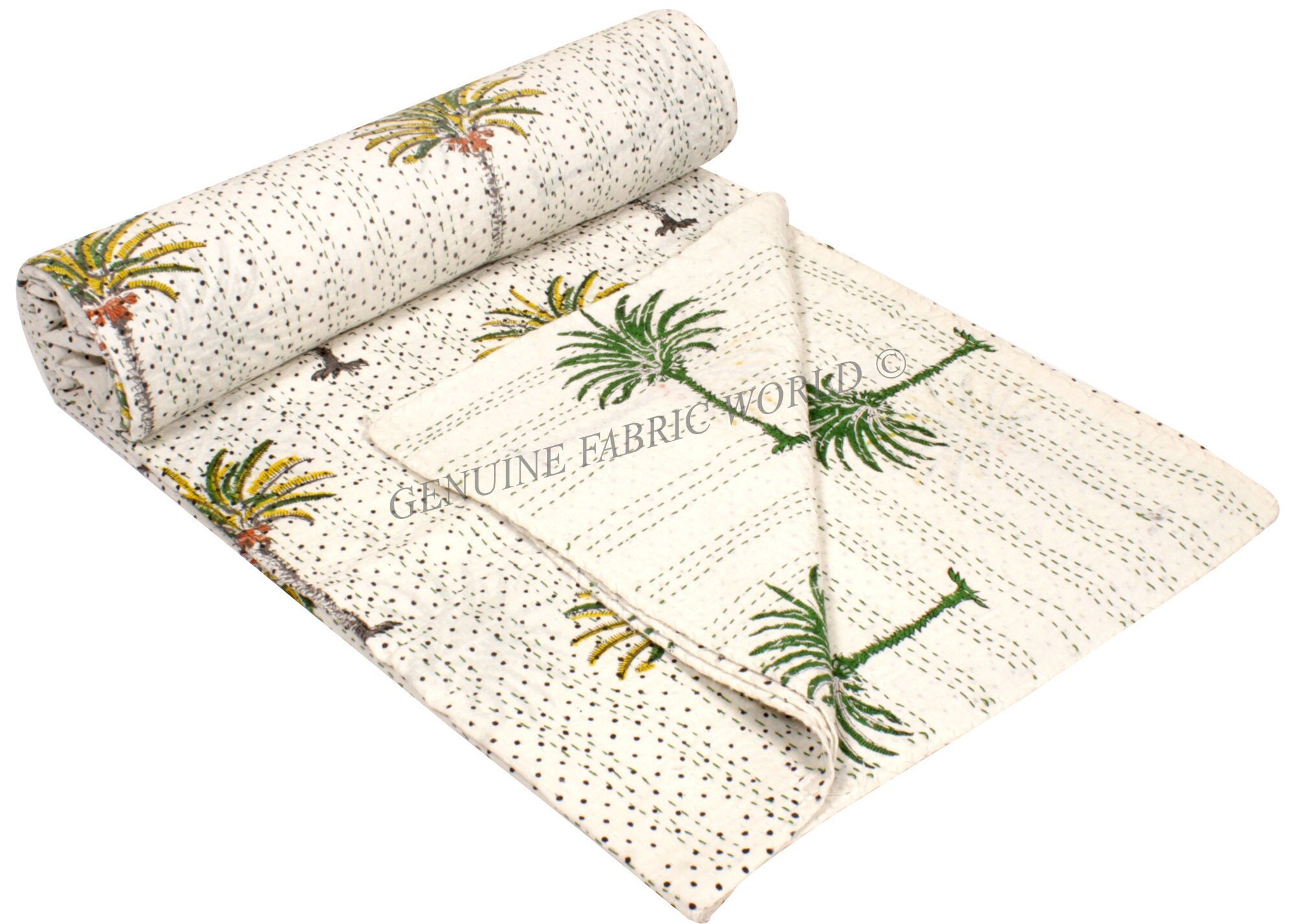 Colcha Kantha Hecha A Mano En India – Algodón 100% Tamaño Individual (60x90") Estampado Palmera