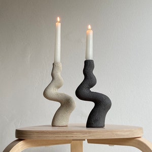 Set of 2 Beige and Black Ceramic Candle Holders by Aysun Ay - Minimalist Candlestick Set