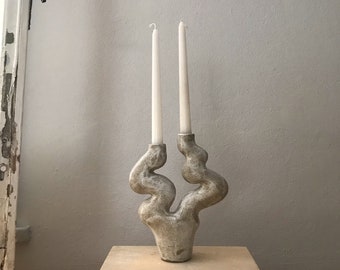 M33C Candle Holder, White- Grey Ceramic Sculptural Vase