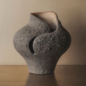 Textured Black Ceramic Vase, Handmade Sculptural Stoneware Vessel