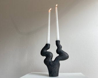 Black Ceramic Candlestick, Textured Candle Holder, M33C Candle Holder