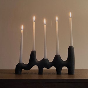 Smul - Black Ceramic Candle Holder by Aysun Ay / Asymmetrical Handbuilt Stoneware Sculpture