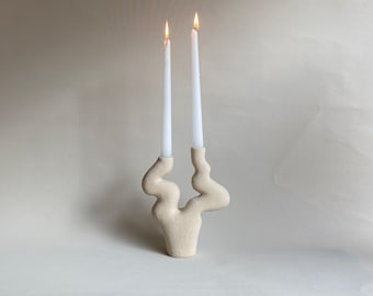 Beige Textured Ceramic Candlestick , M33C Candle Holder