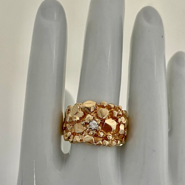 14kt SOLID GOLD NUGGET Ring With Diamond, Custom made 1980s, New Old Stock