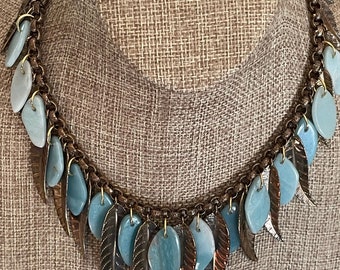 VINTAGE BRASS and STONE Leaf Necklace, 1940s
