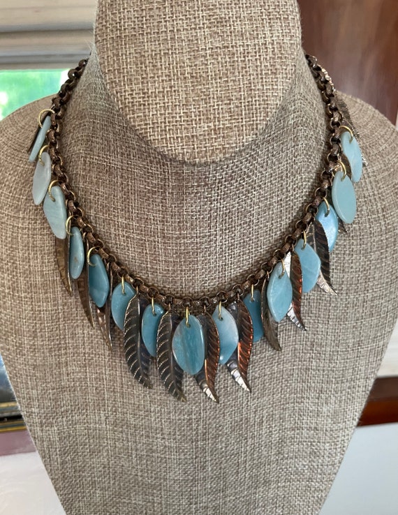 VINTAGE BRASS and STONE Leaf Necklace, 1940s - image 2