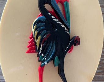 1940s ART DECO FLAMINGOS, Large Brooch, Early Hard Plastic, Unique