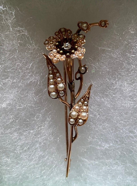 EARLY VICTORIAN ROSE Gold Flower Spray Brooch, See
