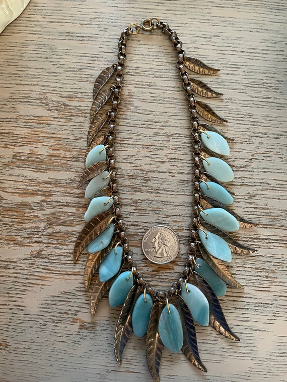 VINTAGE BRASS and STONE Leaf Necklace, 1940s - image 5