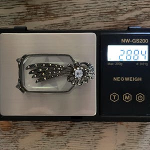 May include: A silver brooch with a clear glass stone and black marcasite accents. The brooch is on a digital scale that reads 2.884 grams.
