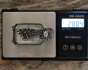VINTAGE ART DECO Lorgnette, 835 Silver Hallmark, Blue Topaz, Marcasites, Germany, Circa 1940